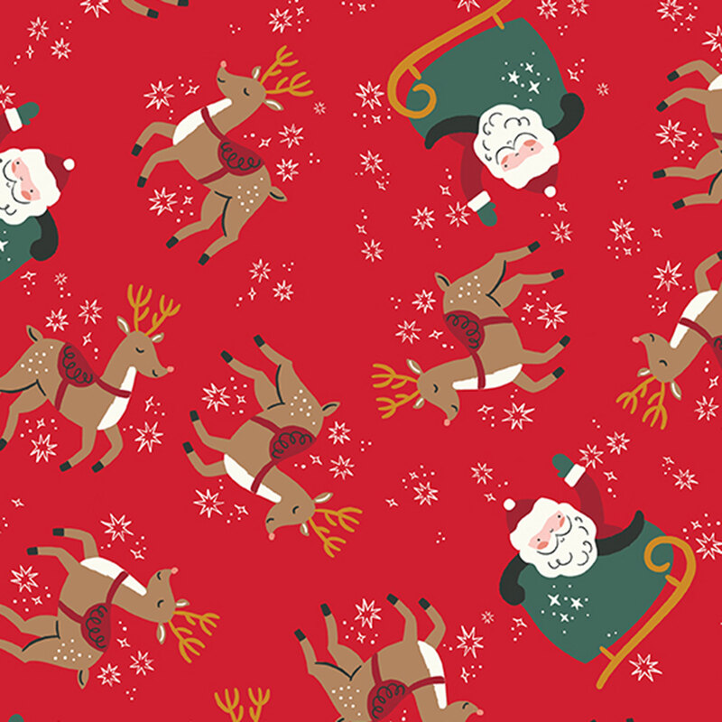 A tomato red fabric with tossed reindeer and santas in sleighs. 