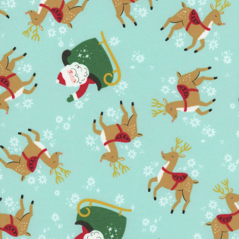 An aqua fabric with tossed reindeer and santas in sleighs. 