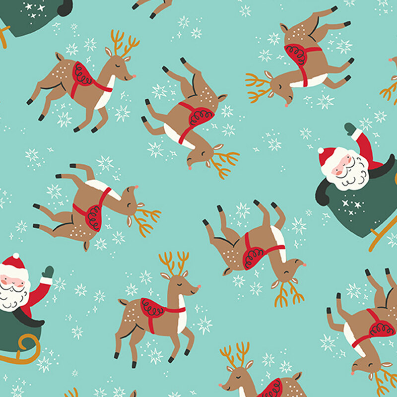 An aqua fabric with tossed reindeer and santas in sleighs. 