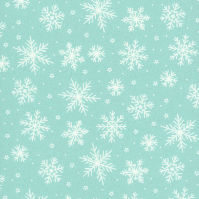 An aqua fabric with tossed white snowflakes. 