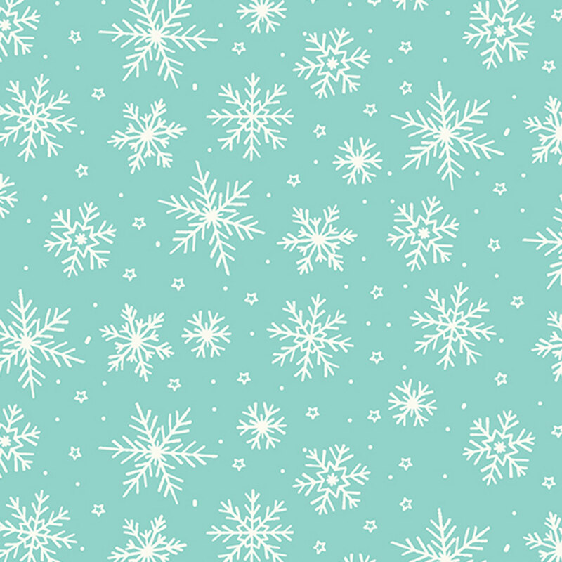 An aqua fabric with tossed white snowflakes. 