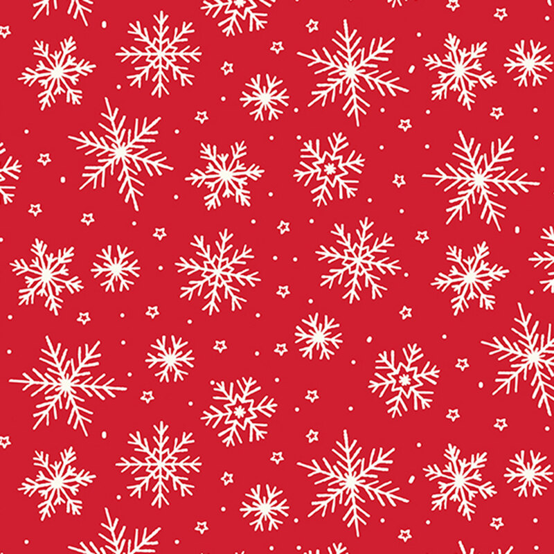 A tomato red fabric with tossed white snowflakes. 
