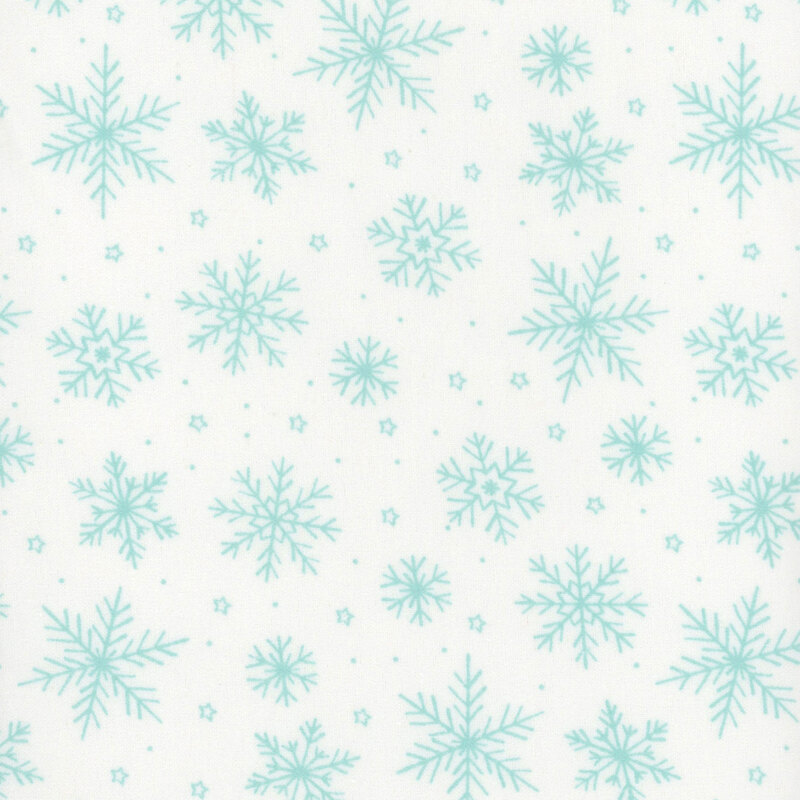  A white fabric with tossed blue snowflakes. 