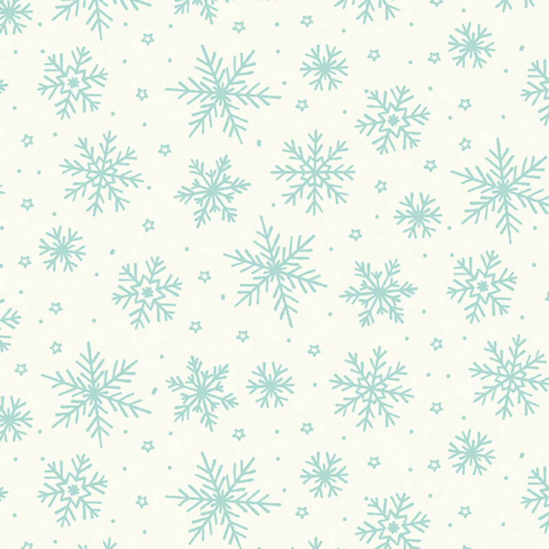 A white fabric with tossed blue snowflakes. 