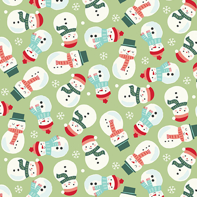 A light green fabric with tossed snowmen wearing scarves and hats. 