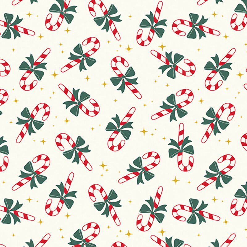 A white fabric with tossed candy canes and gold sparkles.  