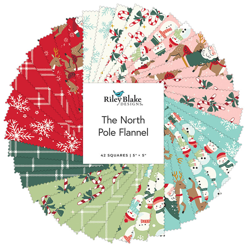 A spiral fabric collage featuring christmas motifs including reindeer, santa, snowflakes, candycanes, and snowmen from the fabric collection 'The North Pole Flannel'.  