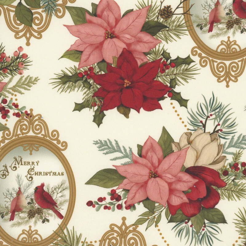 Cream fabric with floral clusters and ornate frames filled with winter scenes of pine trees, cardinals, and the text "A Merry Christmas".