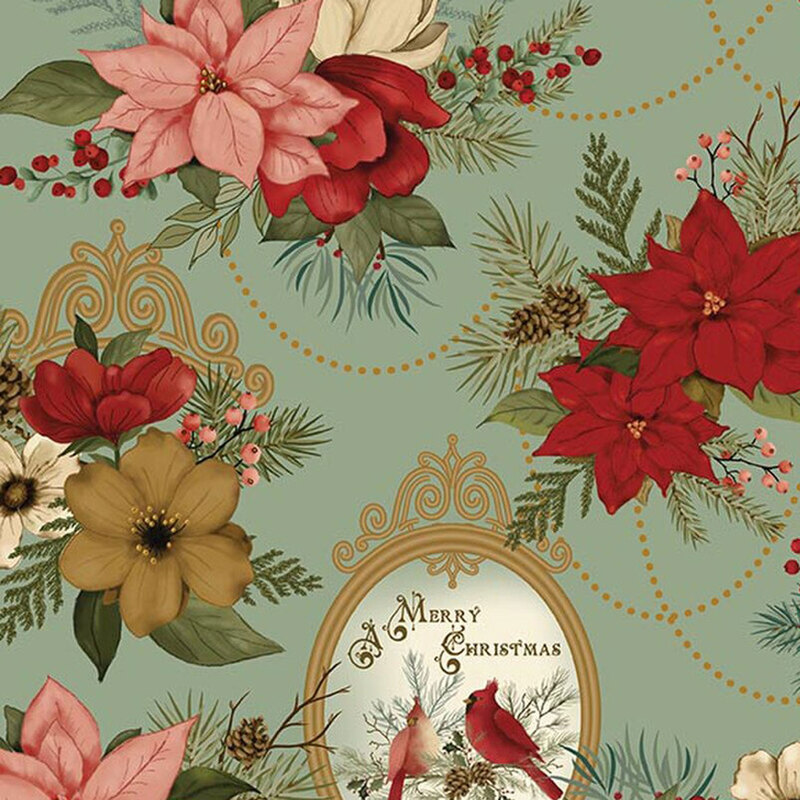 Spruce green fabric with floral clusters and ornate frames filled with winter scenes of pine trees, cardinals, and the text 