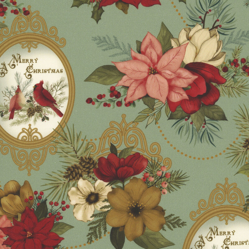 Spruce green fabric with floral clusters and ornate frames filled with winter scenes of pine trees, cardinals, and the text "A Merry Christmas". 