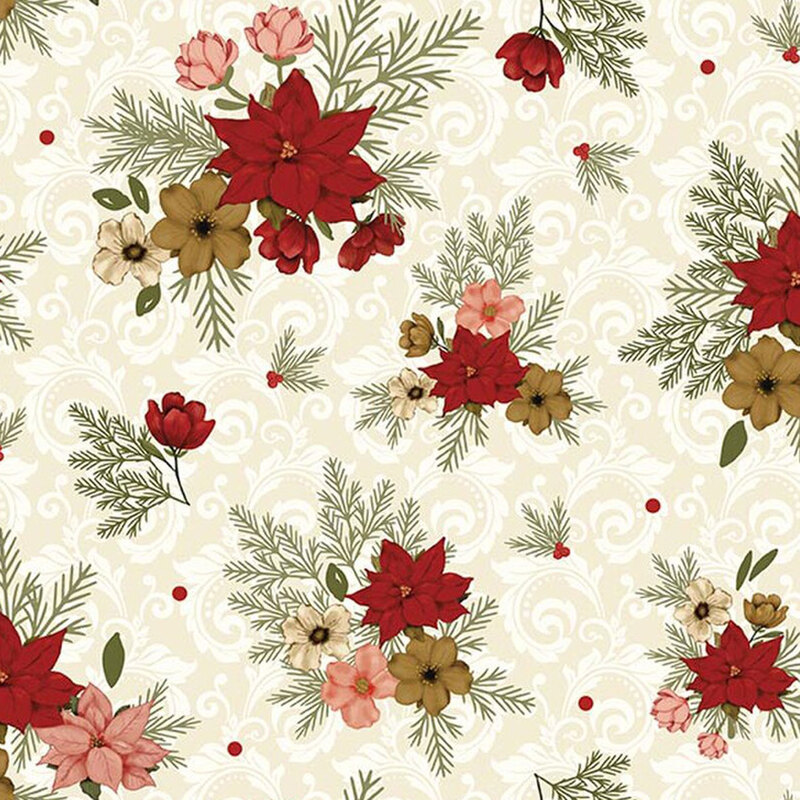 Cream fabric with floral clusters scattered across a background of stylized swirls.