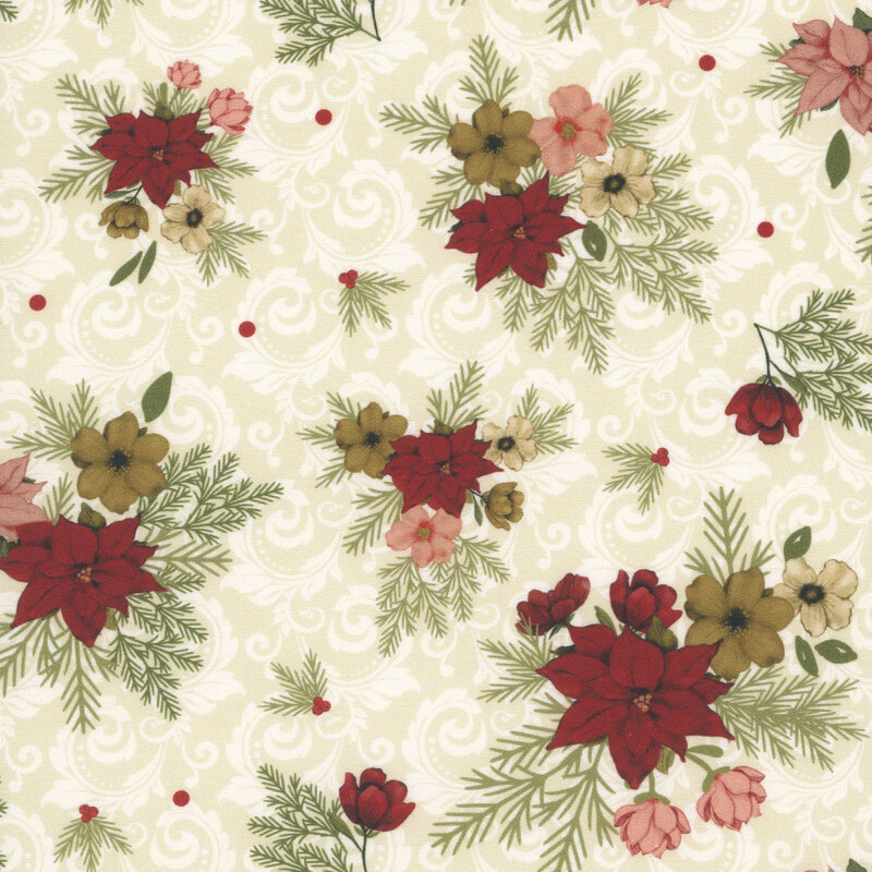 Cream fabric with floral clusters scattered across a background of stylized swirls.