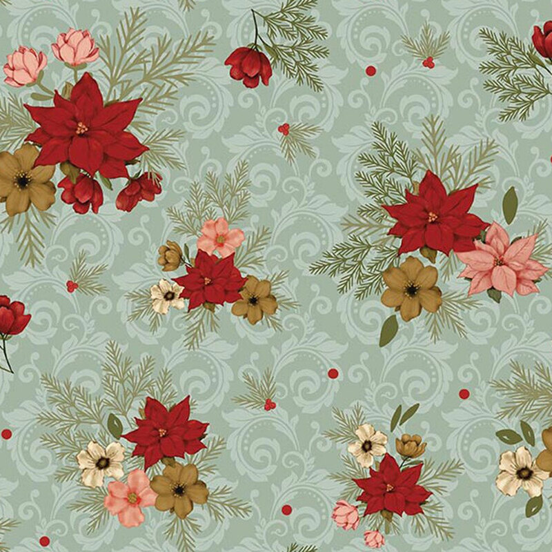 Sage green fabric with floral clusters scattered across a background of stylized swirls.