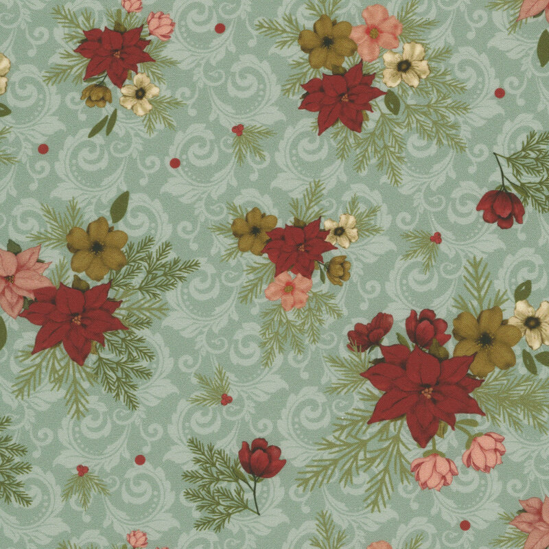 Sage green fabric with floral clusters scattered across a background of stylized swirls.