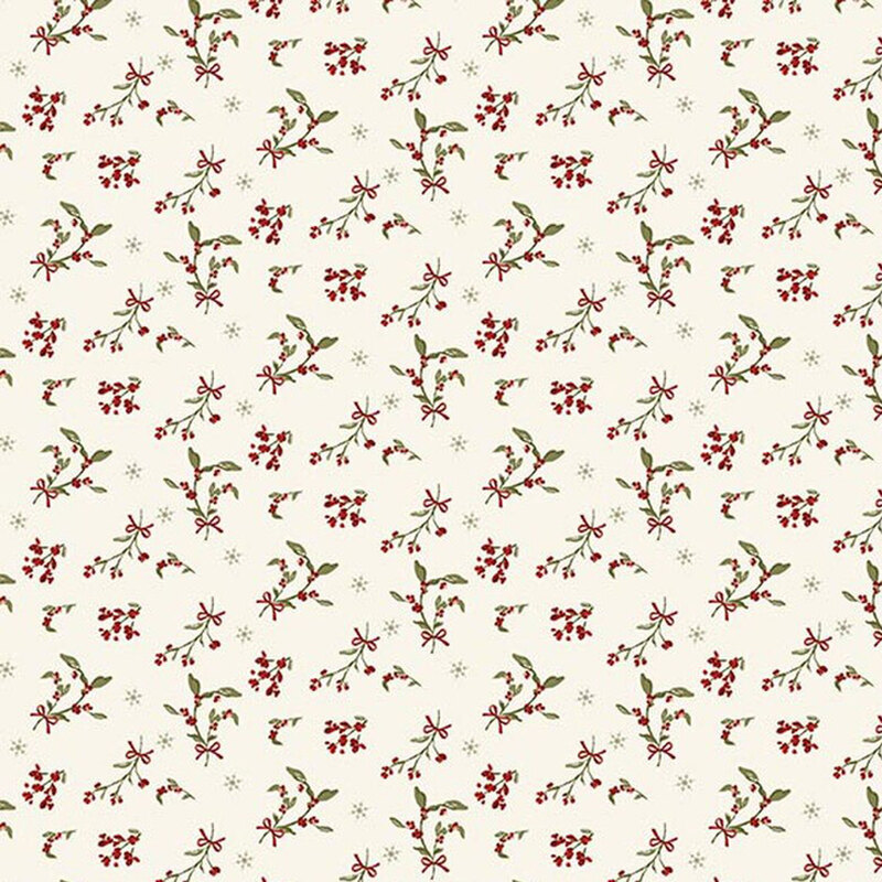 Cream white fabric featuring small red florals and ribbons.