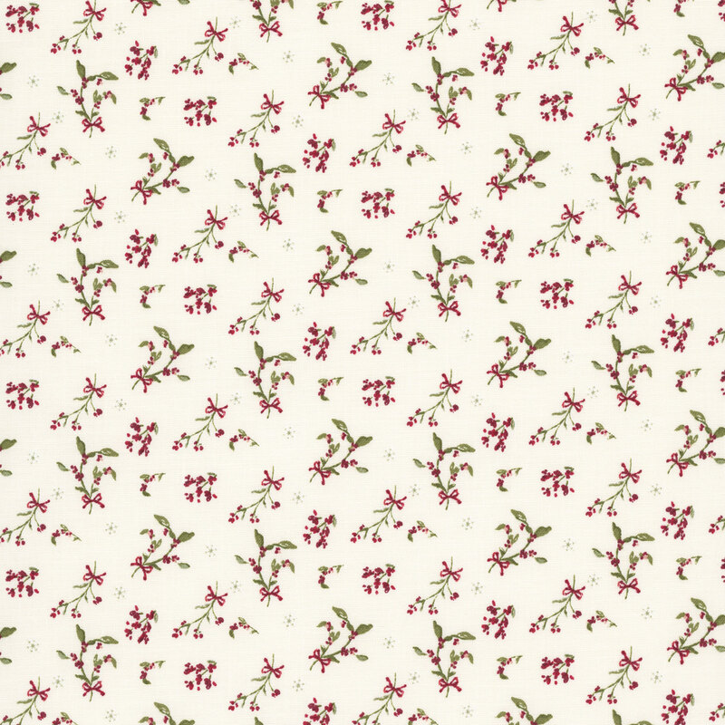 Cream white fabric featuring small red florals and ribbons.