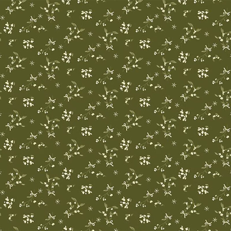 Green fabric featuring small white florals and ribbons.