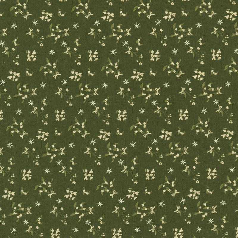 Green fabric featuring small white florals and ribbons.