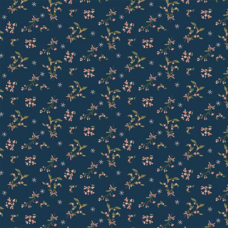 Navy blue fabric featuring small pink florals and ribbons.
