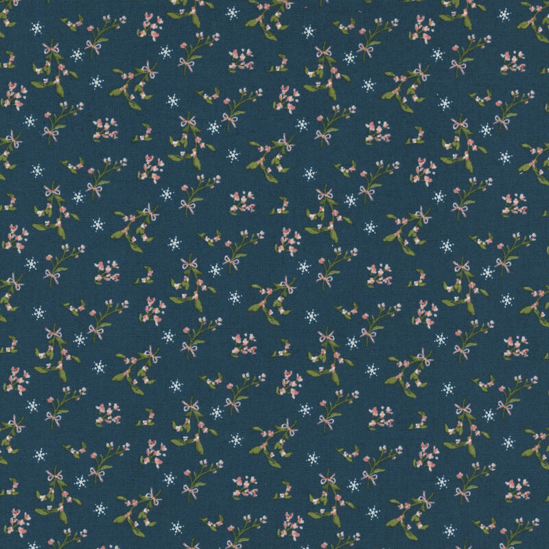 Navy blue fabric featuring small pink florals and ribbons.