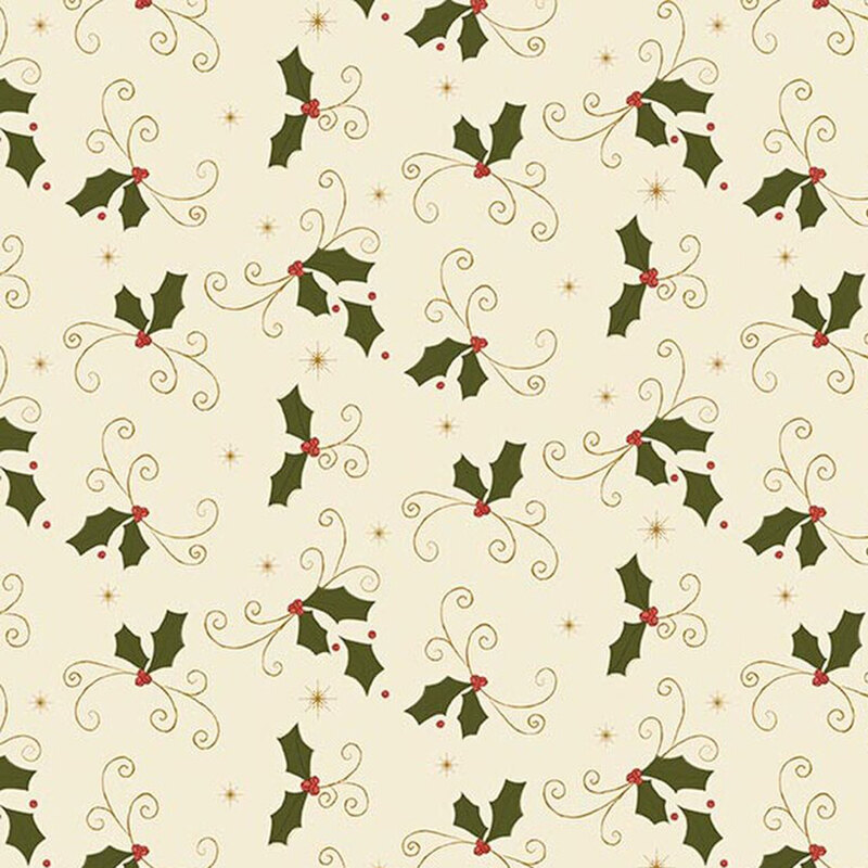 This cream fabric features a festive pattern of holly leaves, swirls, and stars.