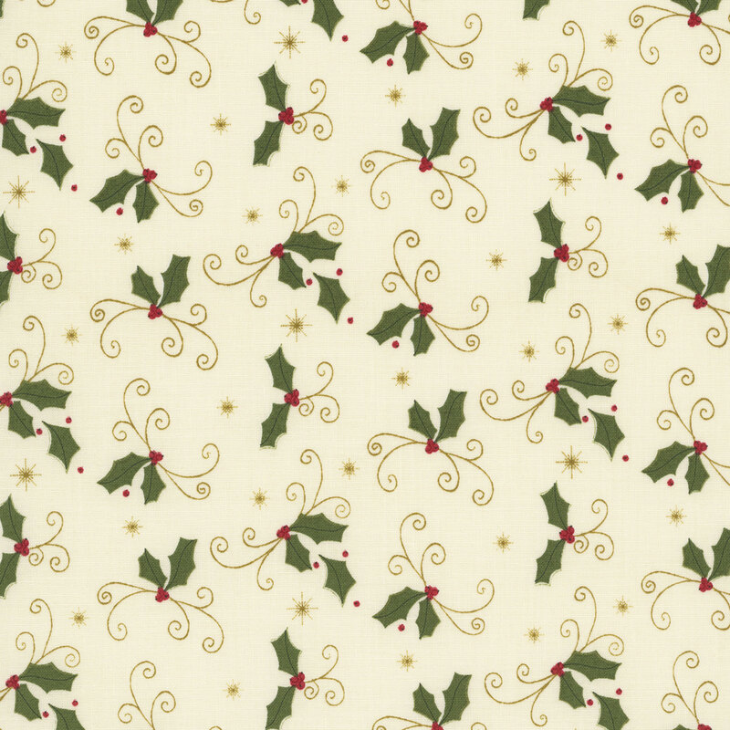 This cream fabric features a festive pattern of holly leaves, swirls, and stars.