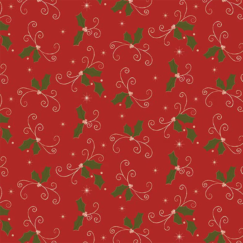 Red fabric with a festive pattern of holly leaves, swirls, and stars.