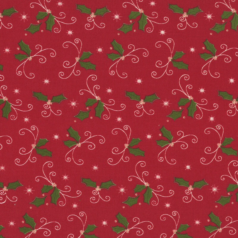 Red fabric with a festive pattern of holly leaves, swirls, and stars.