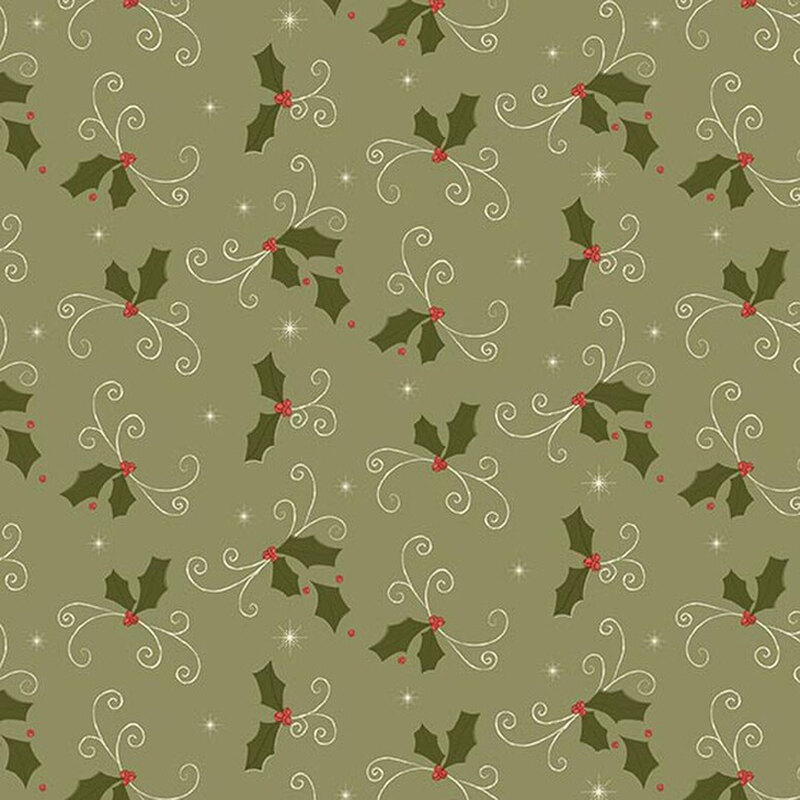 Spruce green fabric with a pattern of holly leaves, swirls, and stars.