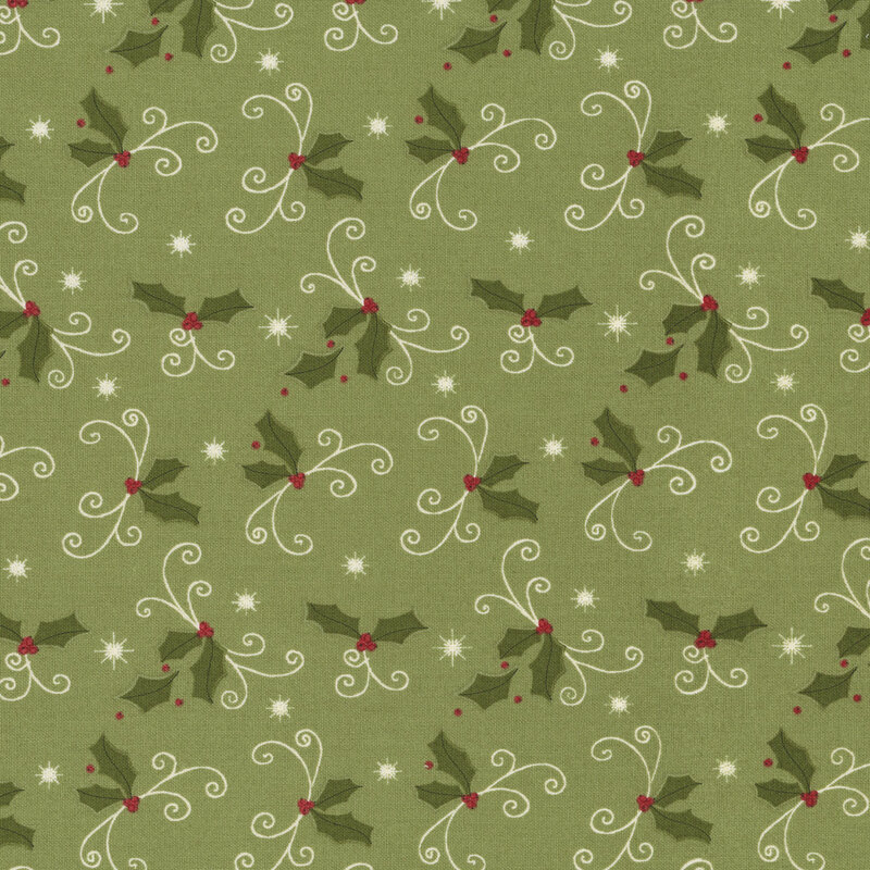 Spruce green fabric with a pattern of holly leaves, swirls, and stars.