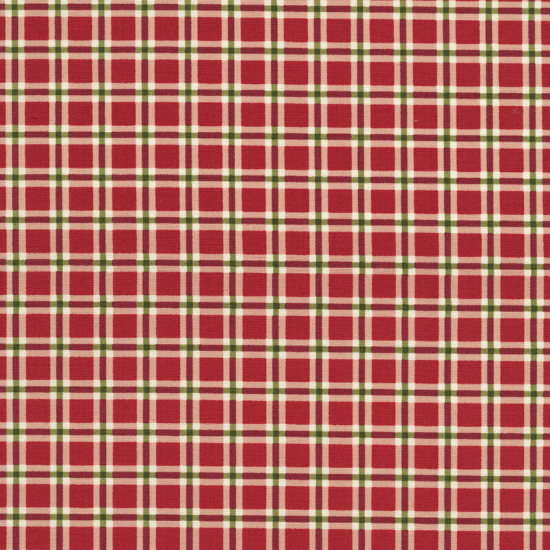Deep red fabric with a classic plaid pattern in green and white.