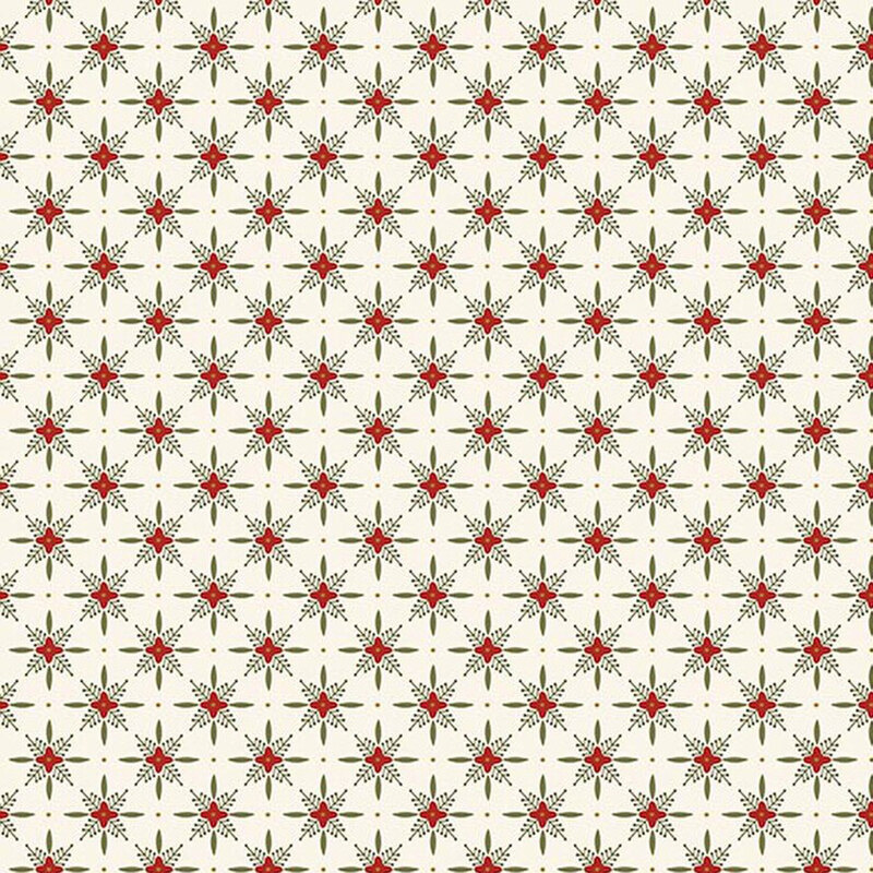 White fabric with a red and green pattern of geometric shapes in a lattice with florals. 