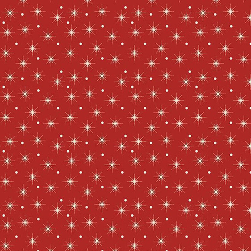 Red fabric with classic pattern of cream white dots and stars.