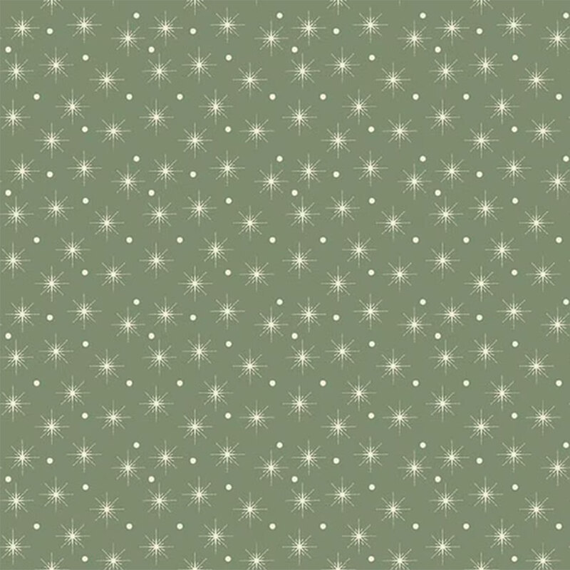 Spruce green fabric with a pattern of cream white dots and stars.