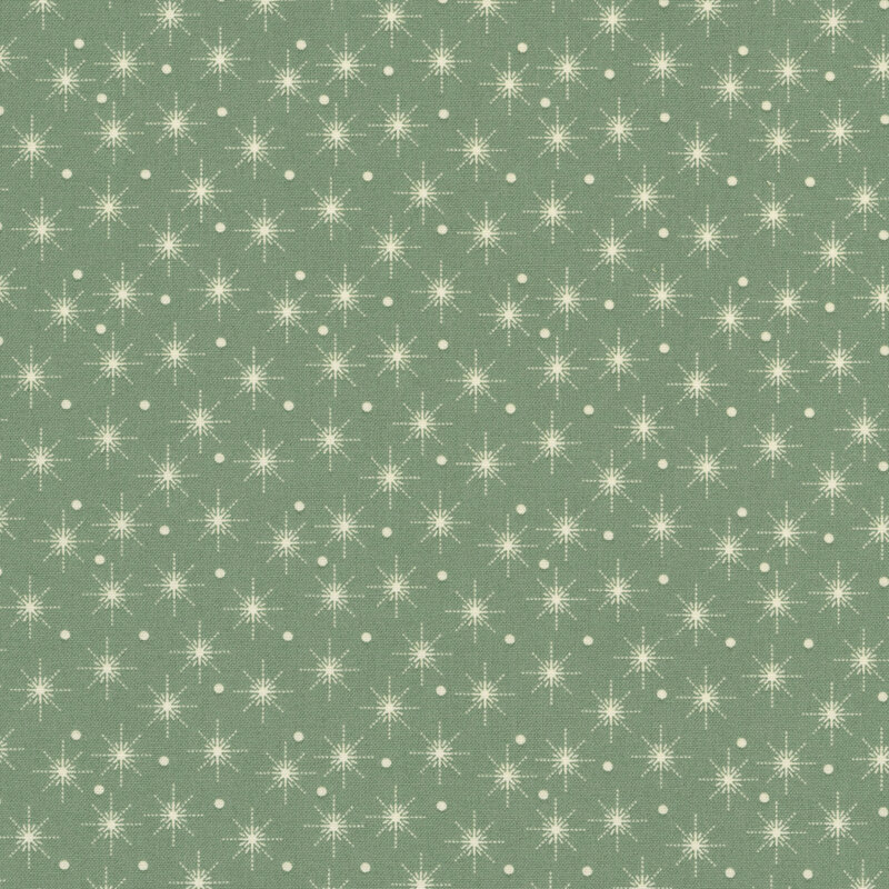 Spruce green fabric with a pattern of cream white dots and stars.
