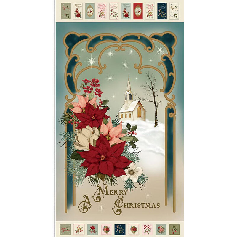 Cream panel featuring a church surrounded by florals, snow, stars, and the text 