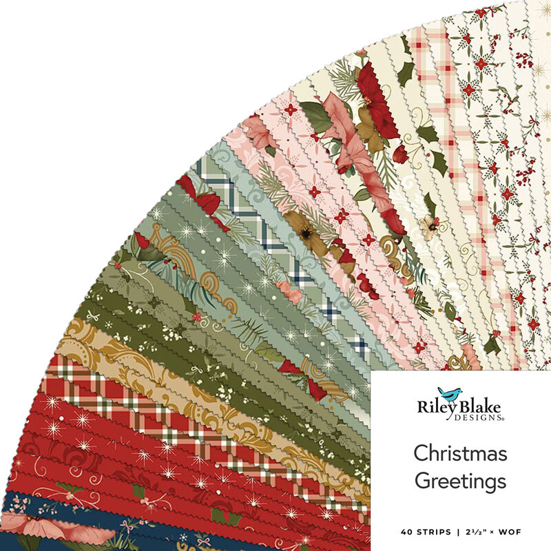 A colorful assortment of fabric strips in Christmas patterns, labeled Christmas Greetings.