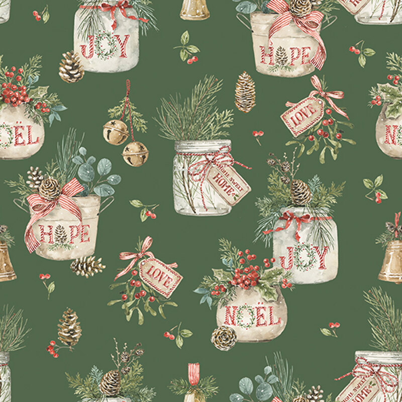 A green fabric with jars full of festive holly, sprigs and branches. 