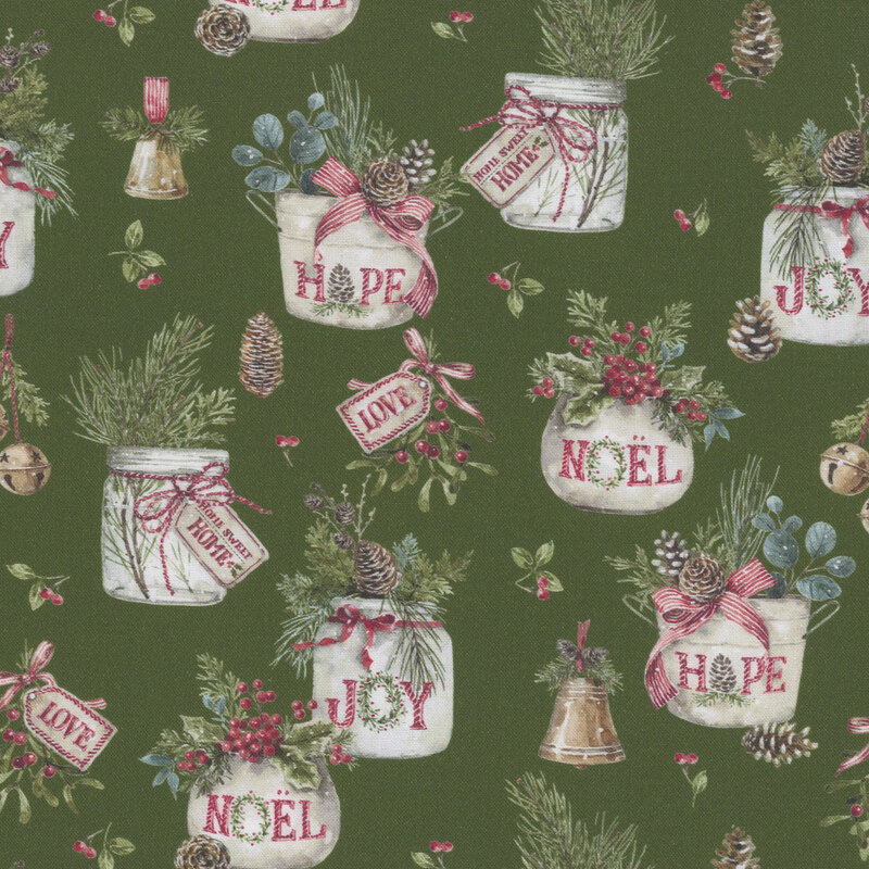 A green fabric with jars full of festive holly, sprigs and branches. 