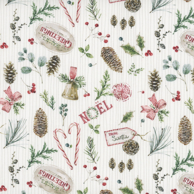 A striped cream fabric with scattered holly leaves, berries, and seasonal motifs. 