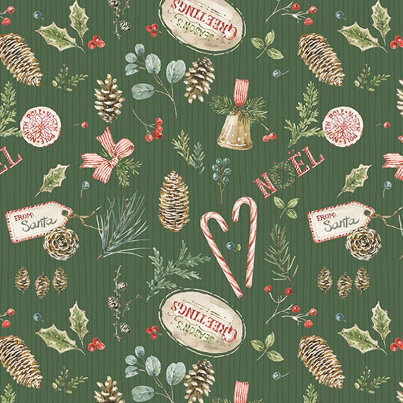 A striped green fabric with scattered holly leaves, berries, and seasonal motifs. 