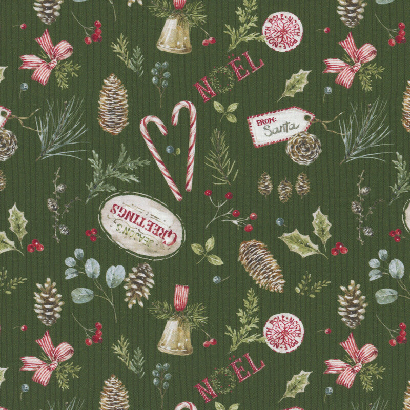 A striped green fabric with scattered holly leaves, berries, and seasonal motifs. 