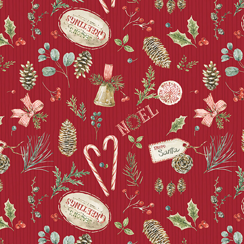 A striped red fabric with scattered holly leaves, berries, and seasonal motifs. 