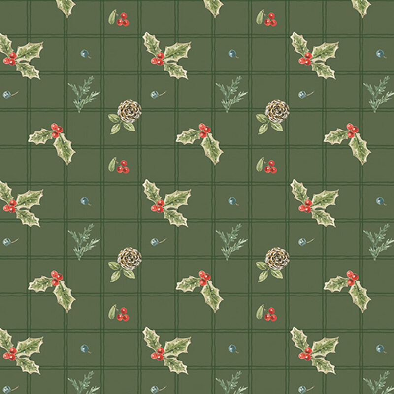 A green plaid fabric scattered with small holly sprigs, berries, and pinecones. 