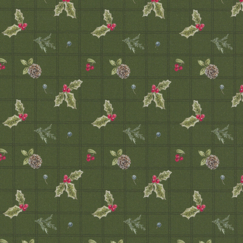 A green plaid fabric scattered with small holly sprigs, berries, and pinecones. 