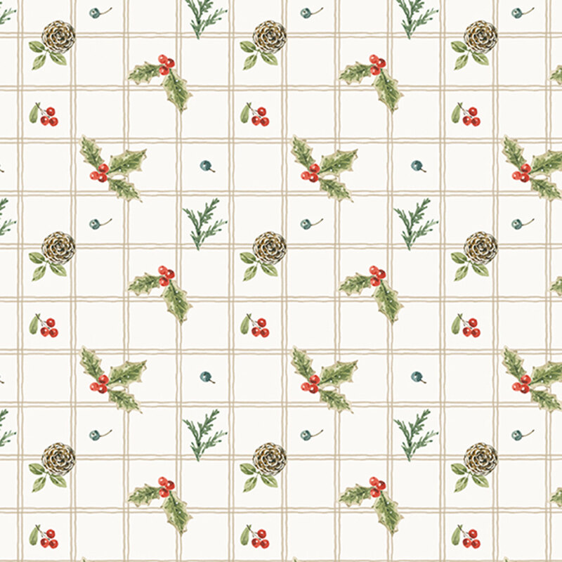 A cream plaid fabric scattered with small holly sprigs, berries, and pinecones. 