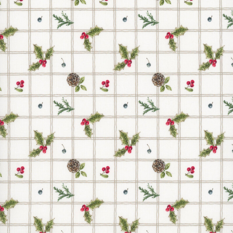 A cream plaid fabric scattered with small holly sprigs, berries, and pinecones. 