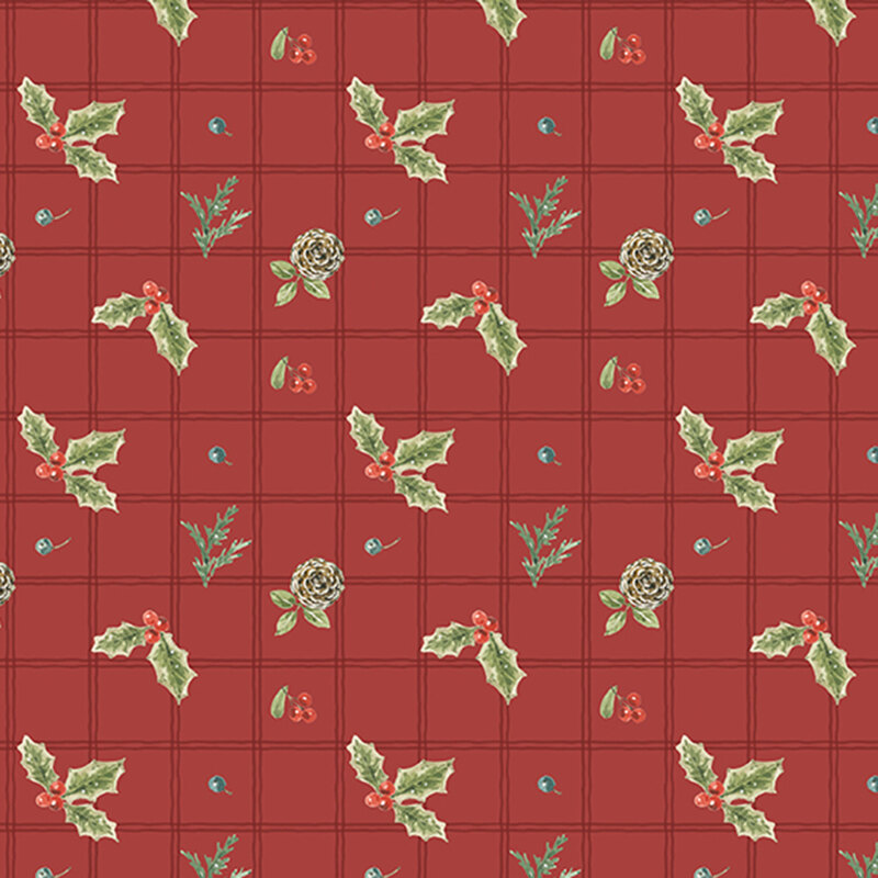 A red plaid fabric scattered with small holly sprigs, berries, and pinecones. 