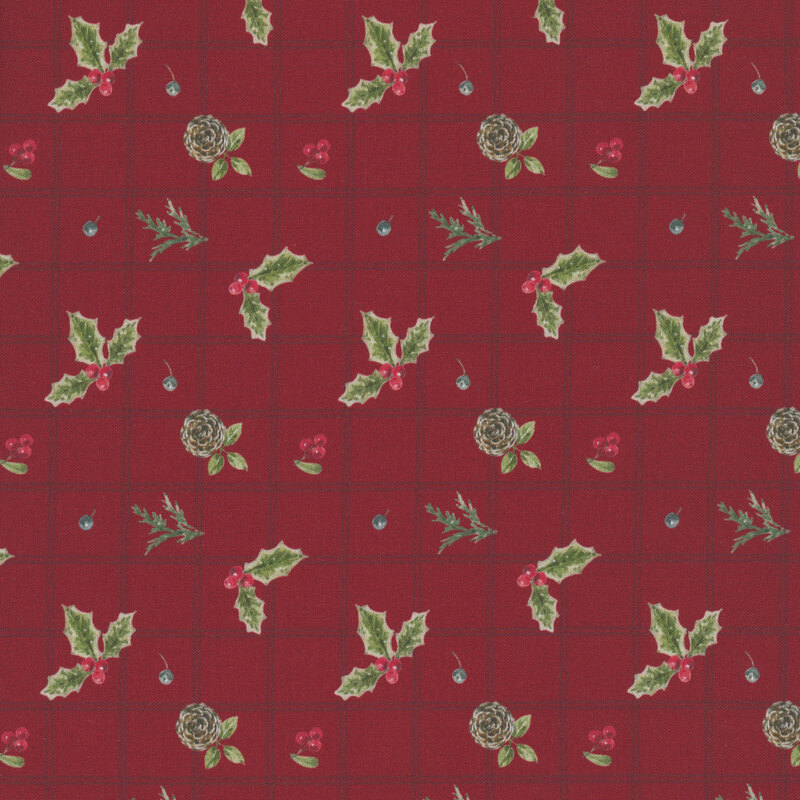 A red plaid fabric scattered with small holly sprigs, berries, and pinecones. 