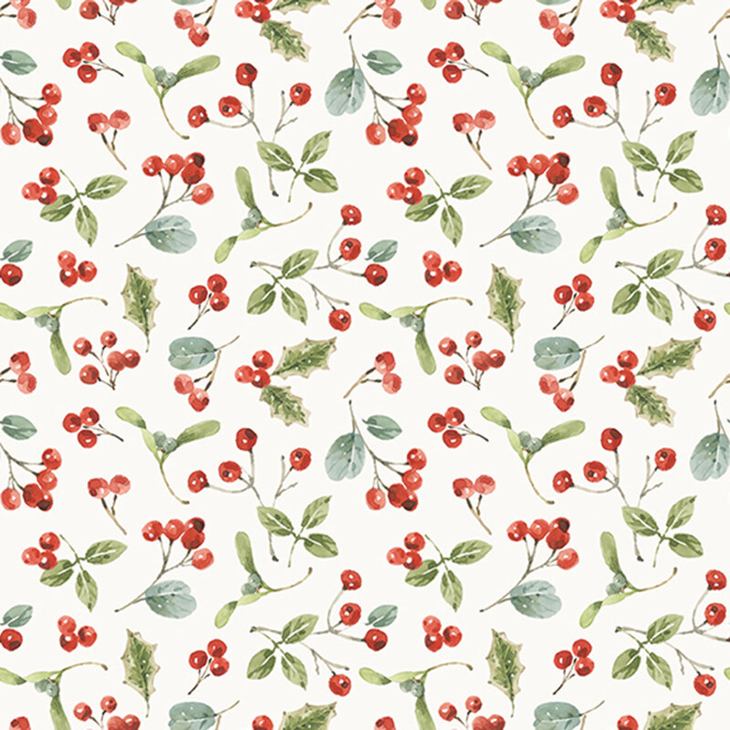 A cream fabric scattered with red berries and green leaves. 